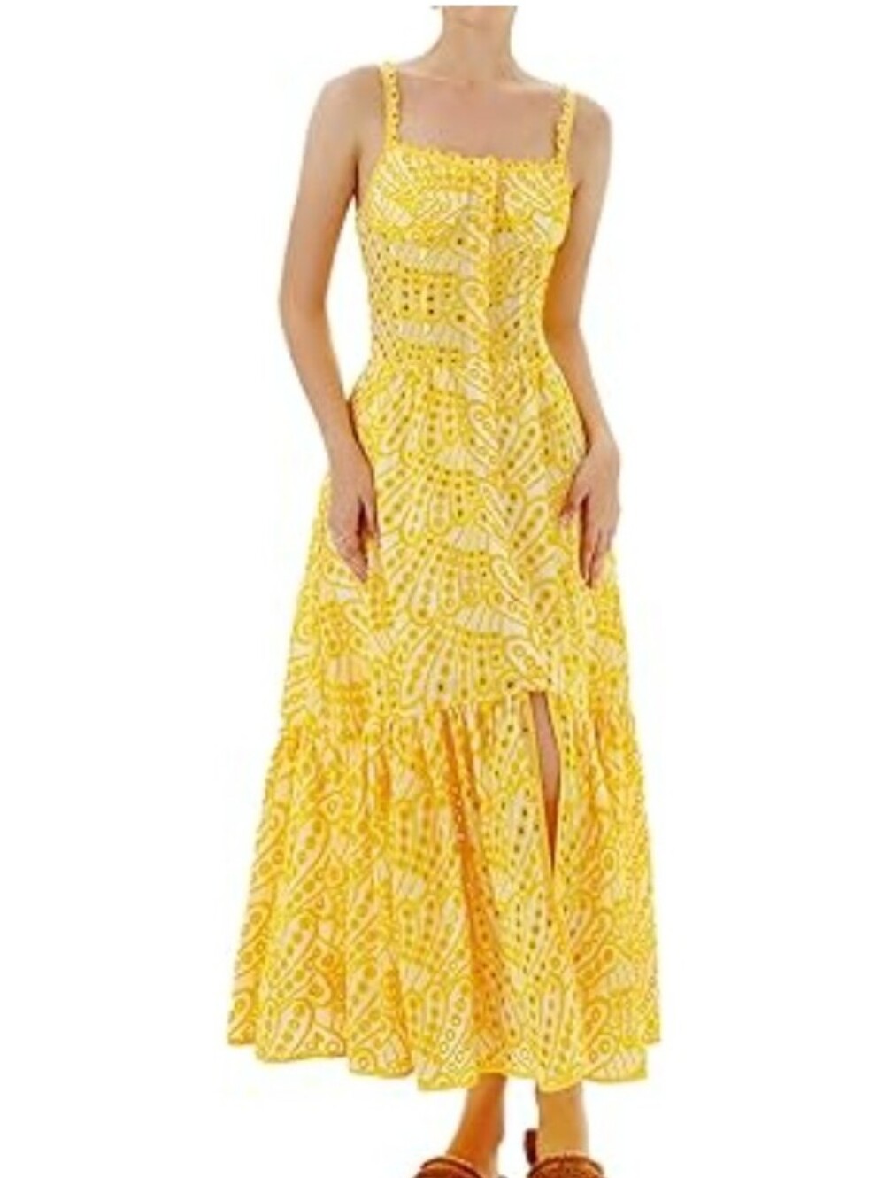 JardinVue Yellow Eyelet Embroidered Cami Midi/Maxi Buttoned Front Sundress S